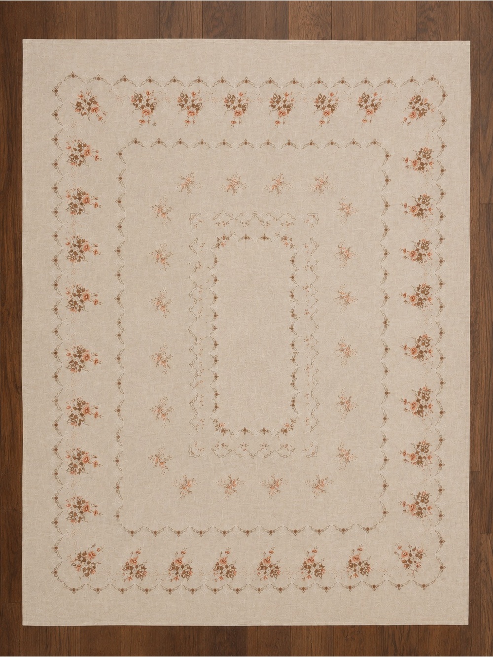 Vintage Linen Tablecloth | Romantic Floral Table Linen | Peach Brown & Ivory |
